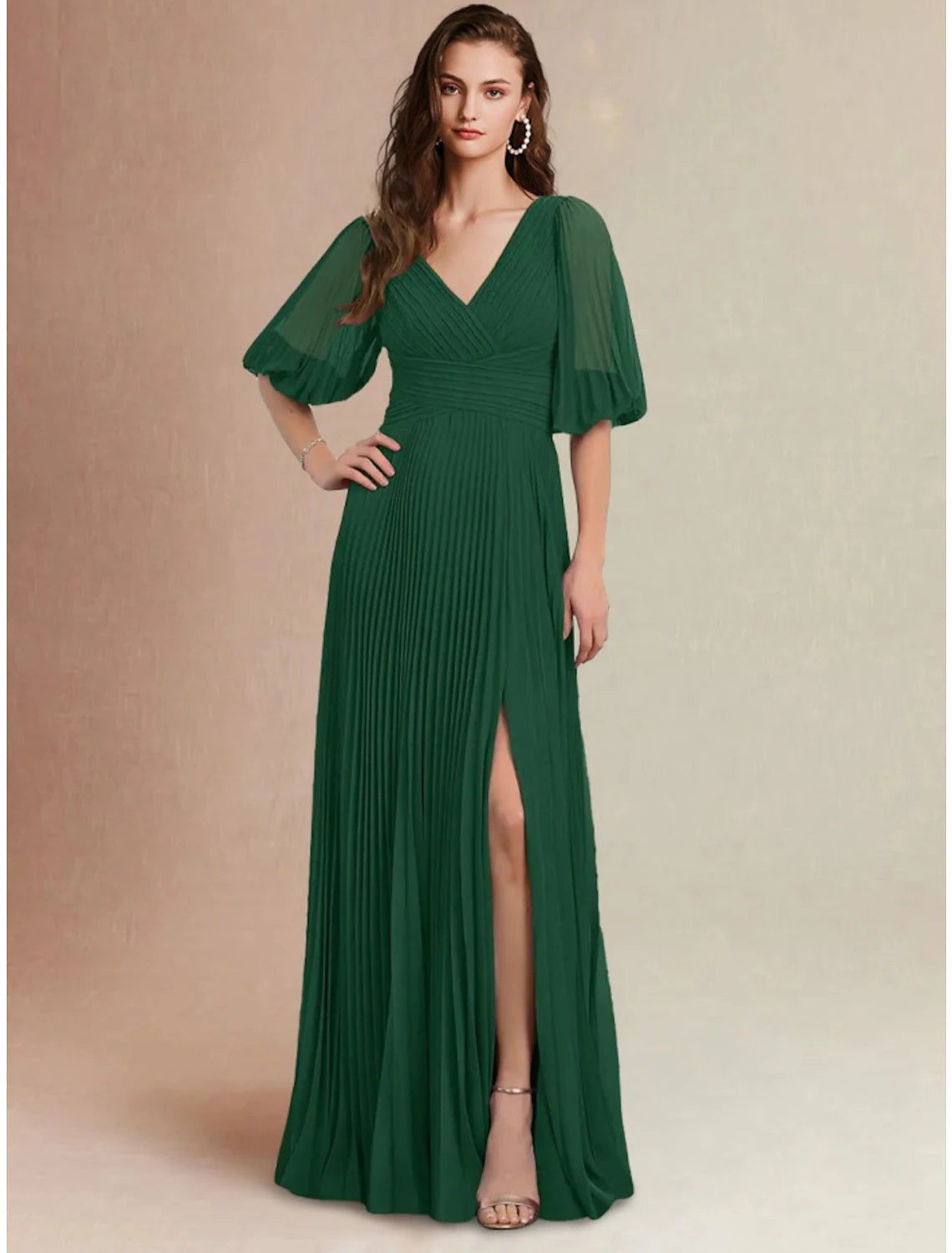 Model wearing an elegant Weitese A-Line V-neck chiffon bridesmaid dress with half sleeves and a split front.