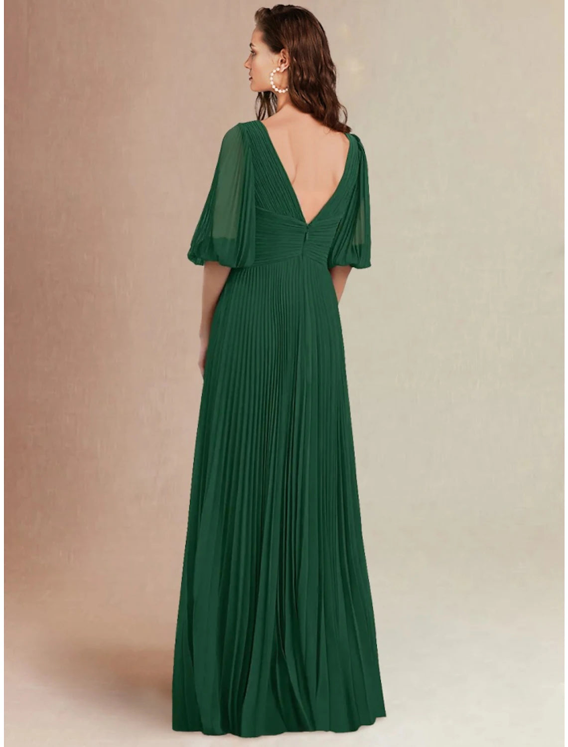 Model showcasing the back and ruching details of the Weitese A-Line floor-length bridesmaid dress.
