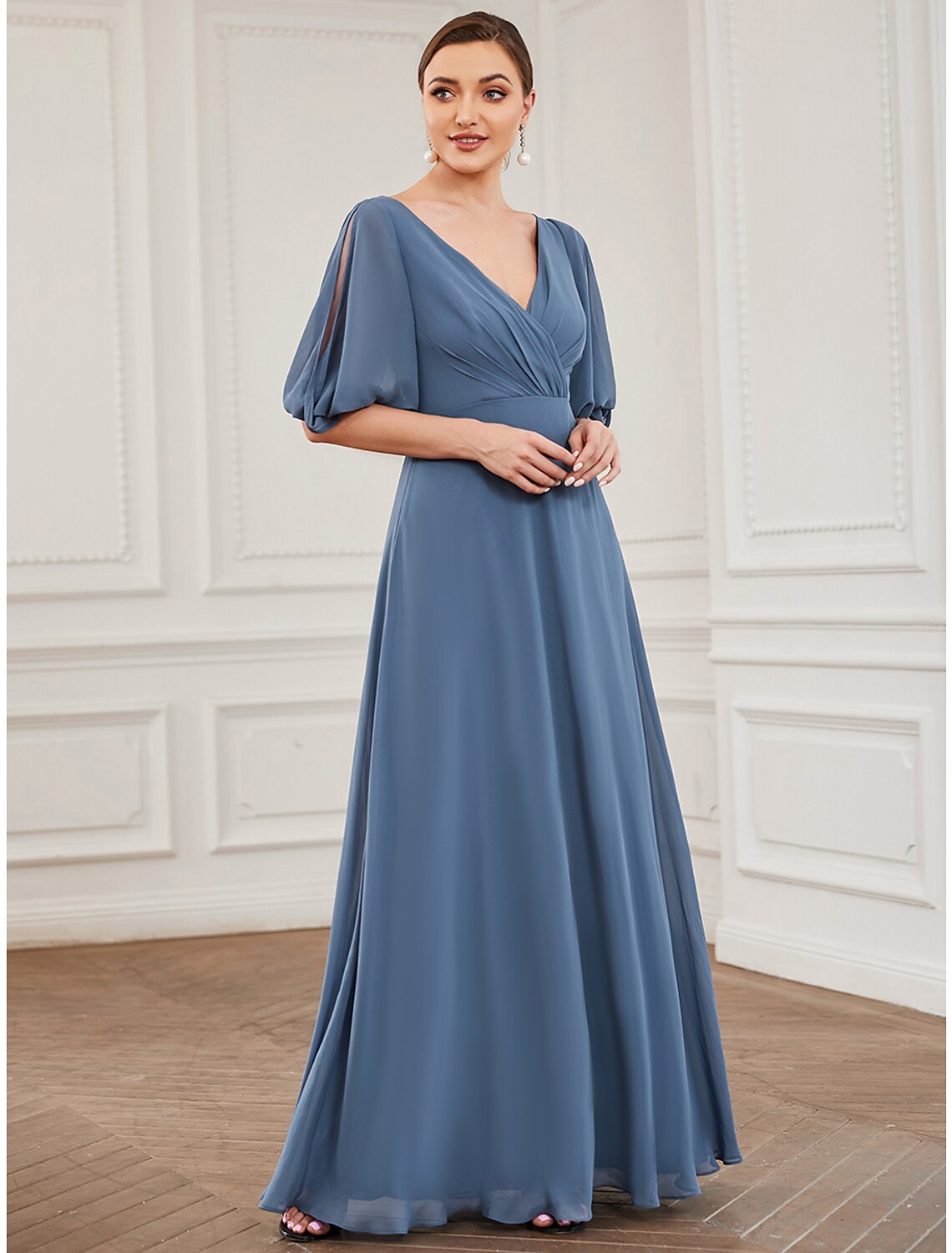 Weitese A-Line V-neck chiffon evening gown with half sleeves and pleats.