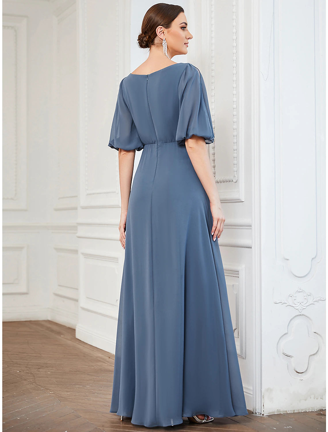 Back view of Weitese A-Line floor-length dress showing elegant pleats.