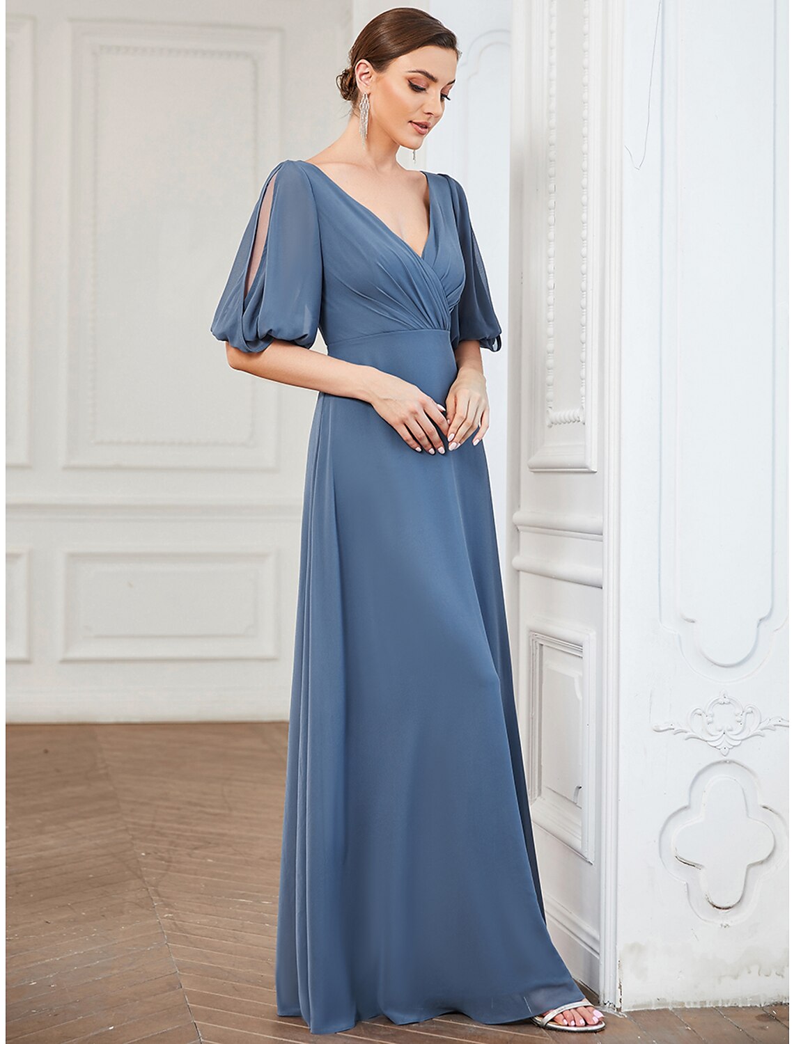 Side profile of woman wearing Weitese half-sleeve A-Line evening dress.