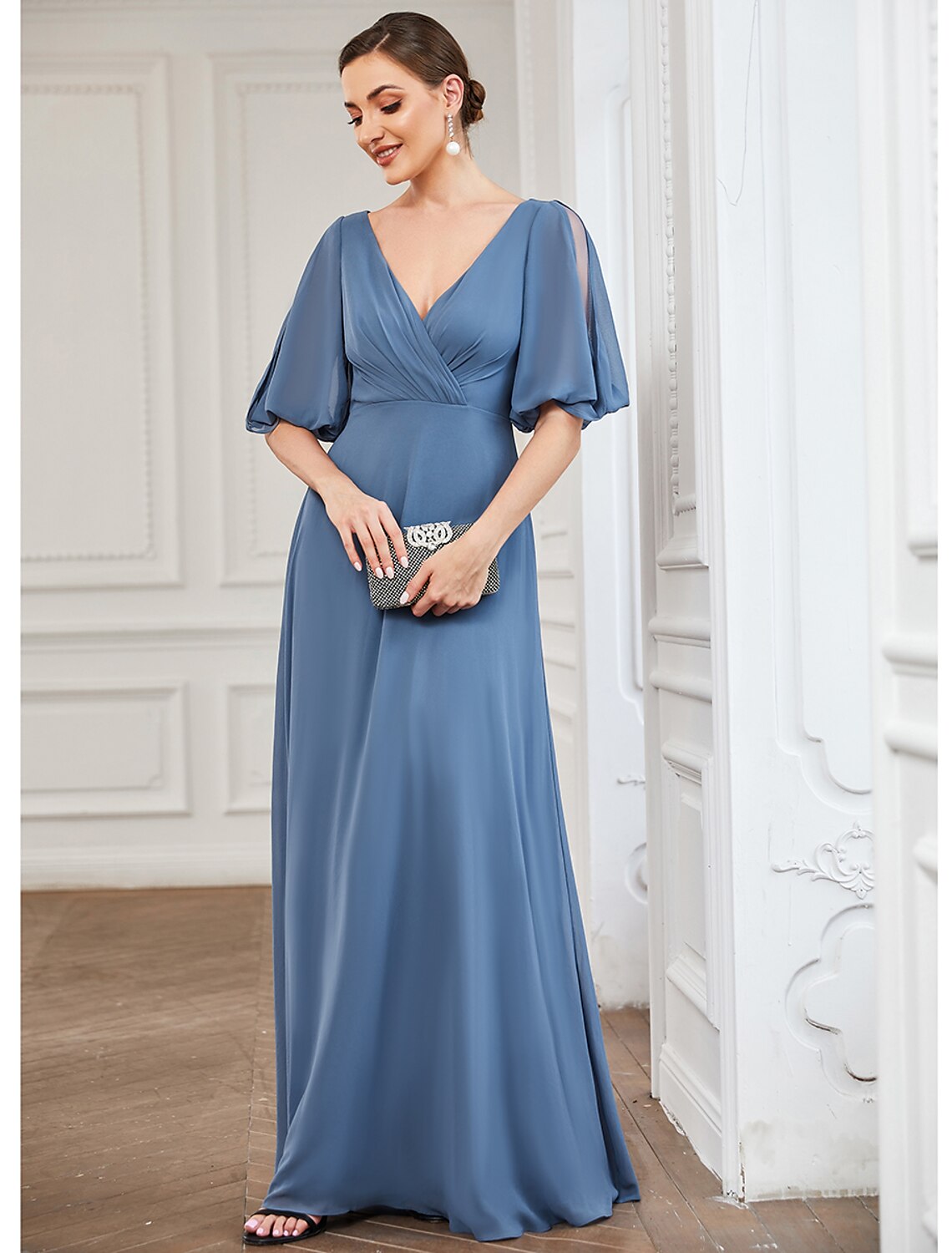 Full-length view of Weitese A-Line gown, suitable for prom or wedding guests.