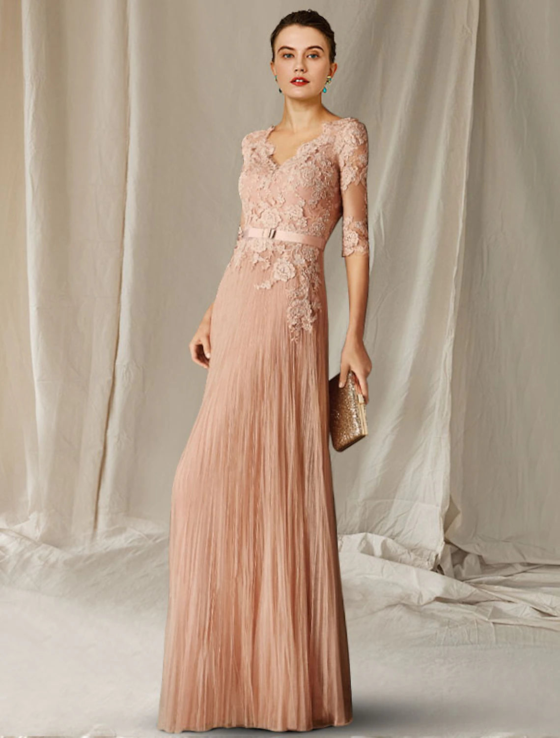Elegant A-line V-neck lace tulle mother of the bride dress with half sleeves and pleats.