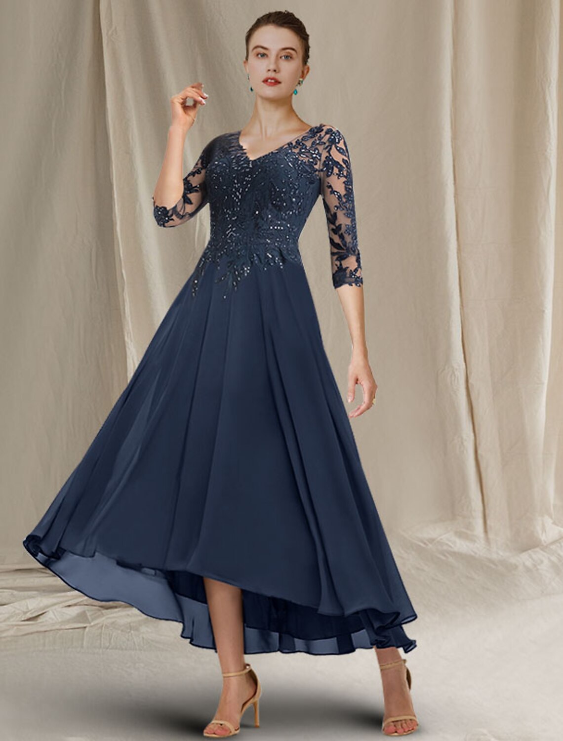 Full view of the Weitese A-Line Mother of the Bride dress with V-neck and half sleeves.