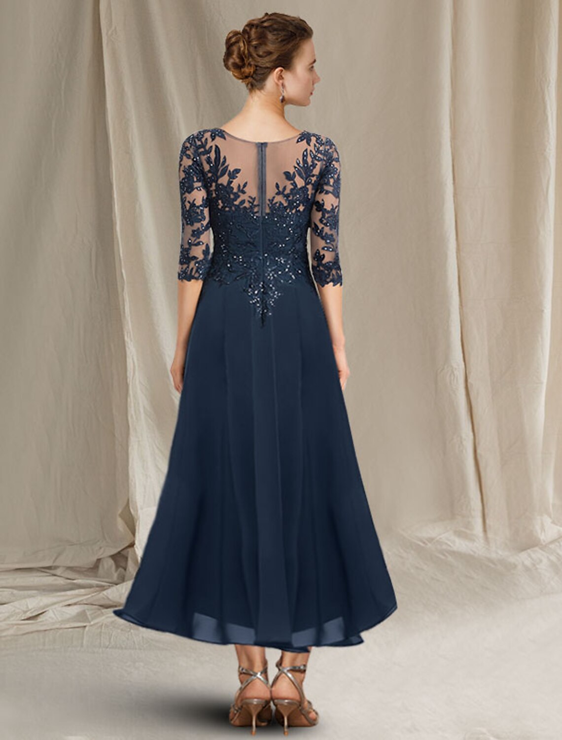 Side view of the Weitese A-Line Mother of the Bride dress, showing high-low asymmetrical hem.