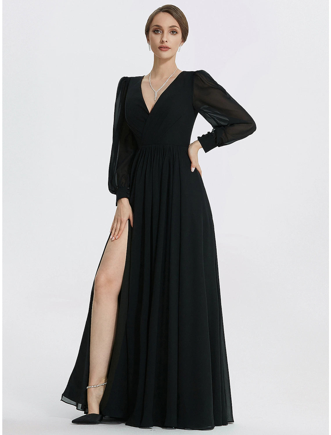Weitese A-Line V-Neck long sleeve chiffon evening gown with a front slit.
