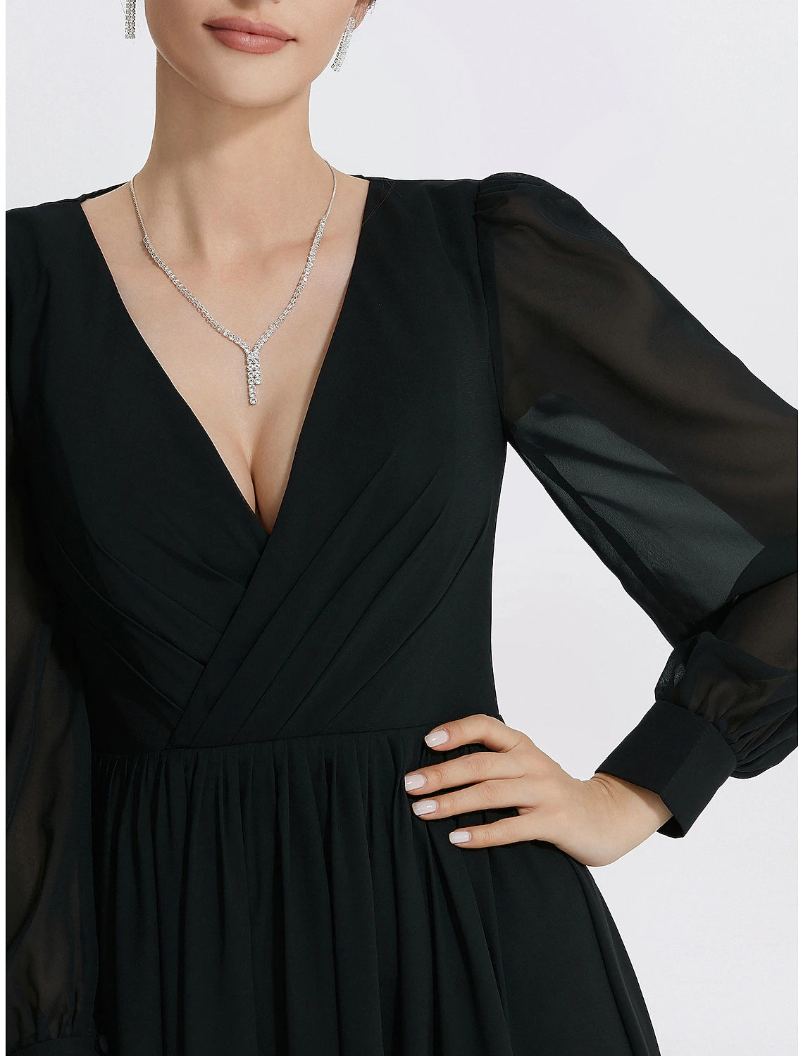 Side profile of the Weitese floor-length chiffon gown.