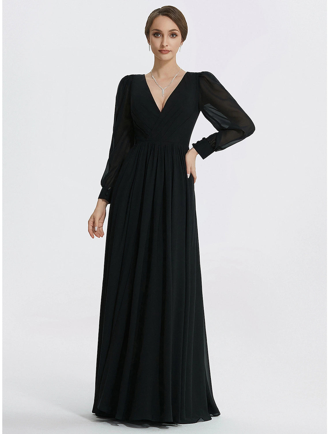 Full length view of the Weitese A-Line gown, highlighting the flowing chiffon and slit.