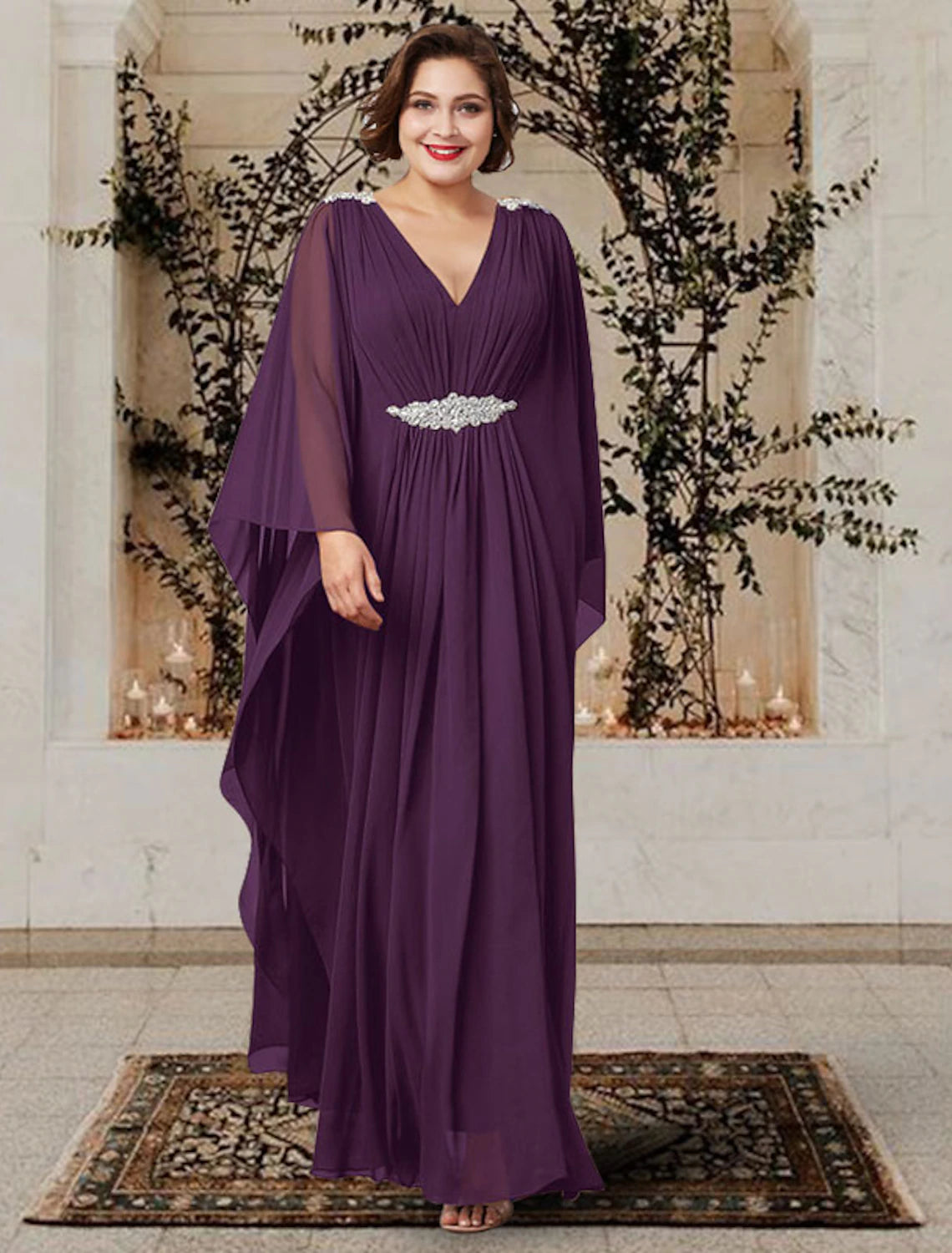 Elegant A-Line V-neck long sleeve chiffon mother of the bride dress with pleats and crystals, front view.