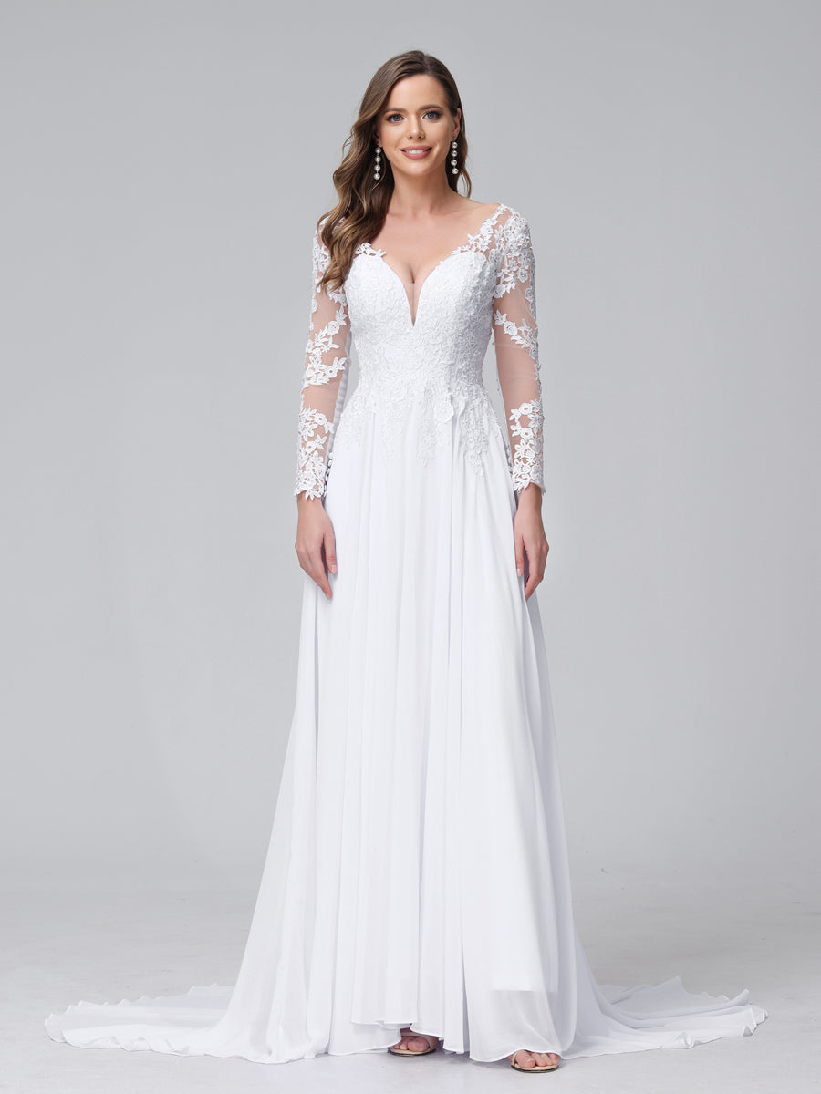 Front view of a bride wearing the Weitese A-Line V-Neck Long Sleeve Chiffon Wedding Dress with lace appliques.