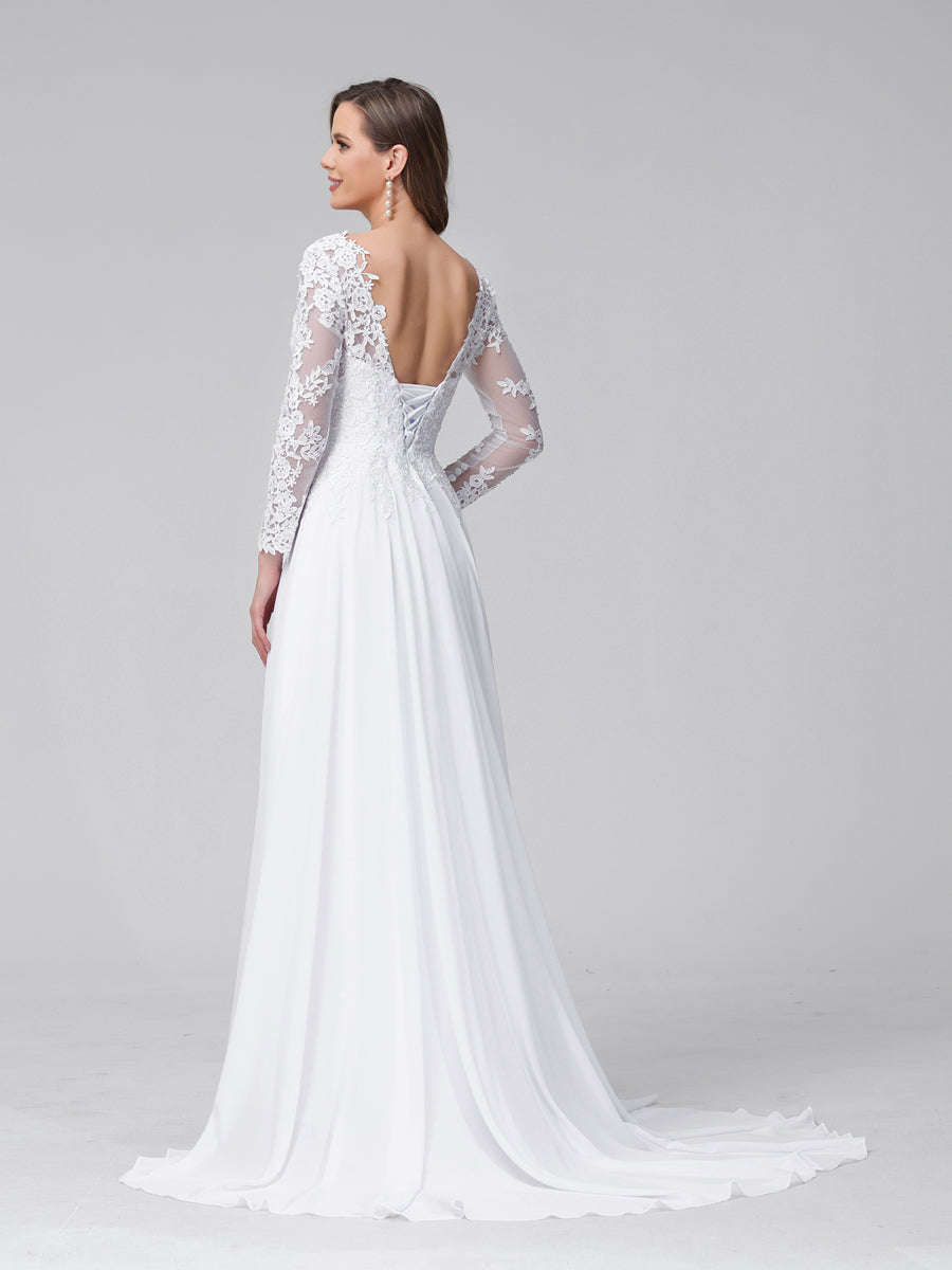 Side profile of a bride in the Weitese A-Line V-Neck Long Sleeve Chiffon Wedding Dress, showing the flowing skirt.
