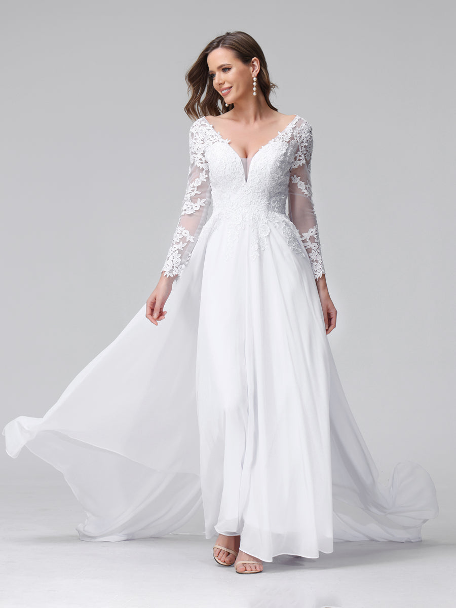 Back view of the Weitese A-Line V-Neck Long Sleeve Chiffon Wedding Dress, highlighting the lace details.