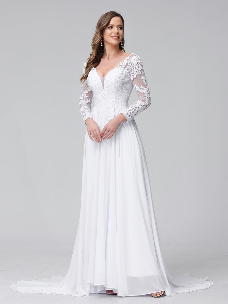 Close-up of the lace applique details on the long sleeve of the Weitese wedding dress.