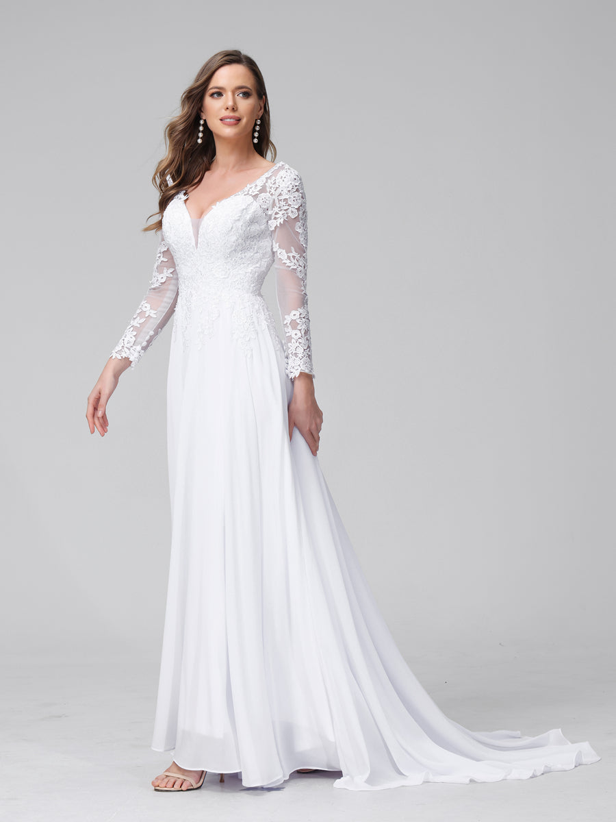 Full length view of a bride posing in the elegant Weitese A-Line V-Neck Chiffon Wedding Dress.