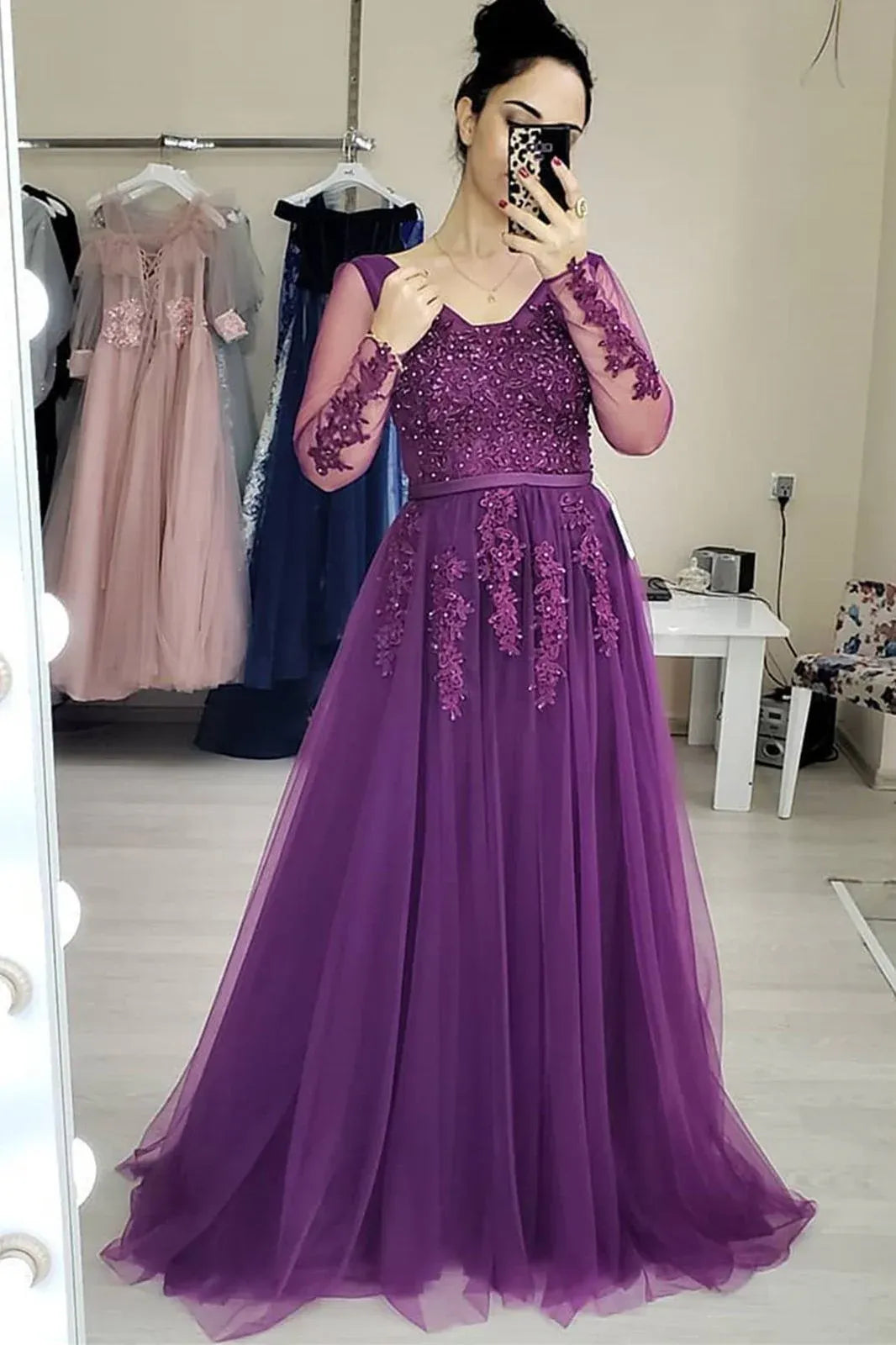 Elegant A-Line V Neck Long Sleeve Lace Beaded Tulle Maxi Prom Dress
