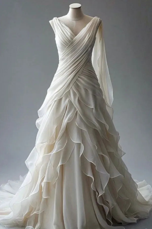 Elegant A-Line V-Neck Long Sleeve Lace-Up Ruffles Chiffon Wedding Dress