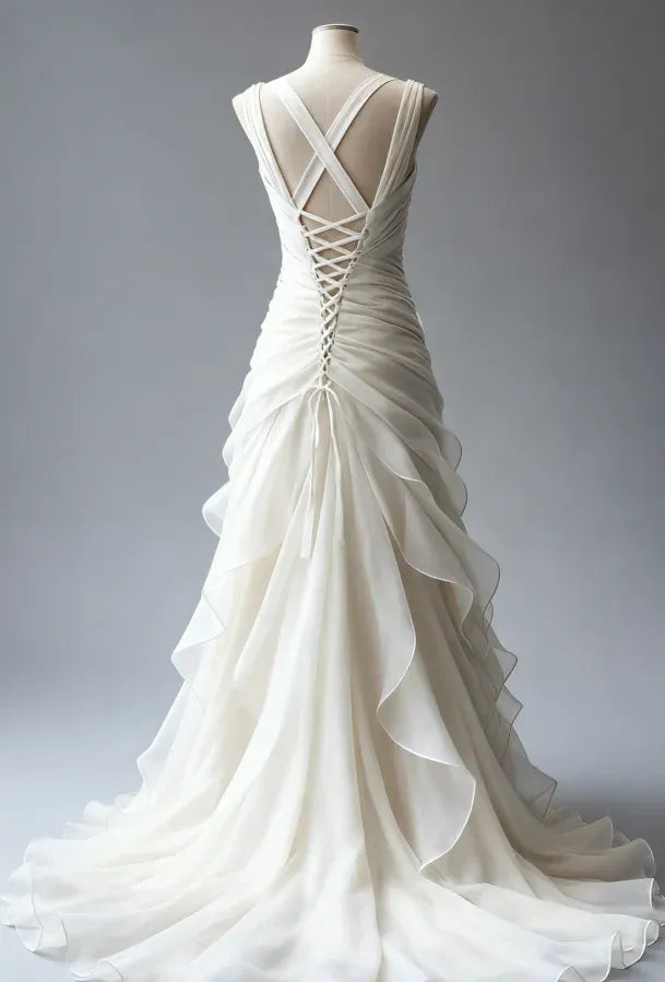 Elegant A-Line V-Neck Long Sleeve Lace-Up Ruffles Chiffon Wedding Dress