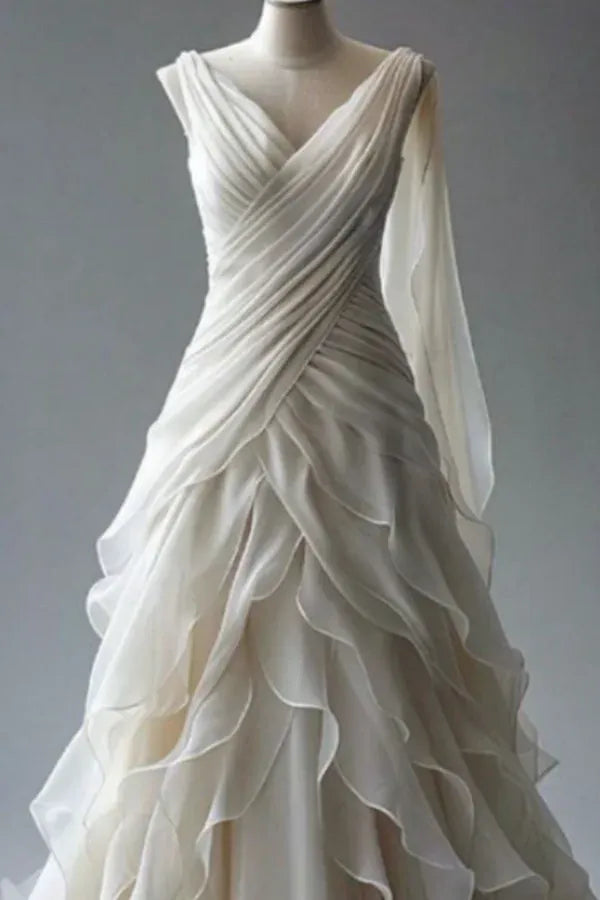 Elegant A-Line V-Neck Long Sleeve Lace-Up Ruffles Chiffon Wedding Dress