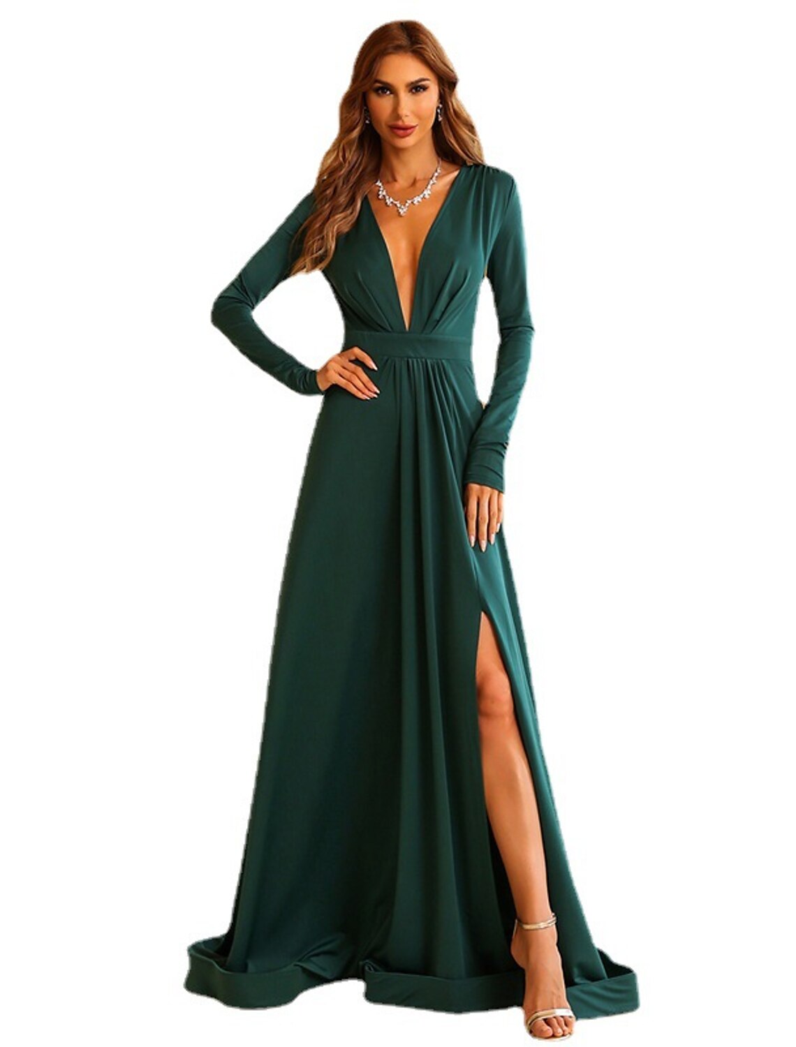 Back view of the A-line long sleeve V-neck gown, highlighting the sweep train.