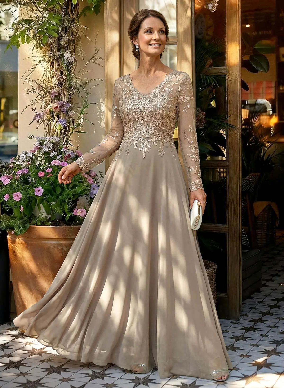 Elegant A-Line V-Neck Long Sleeve Taupe Lace & Chiffon Evening Gown Mother of the Bride Dress