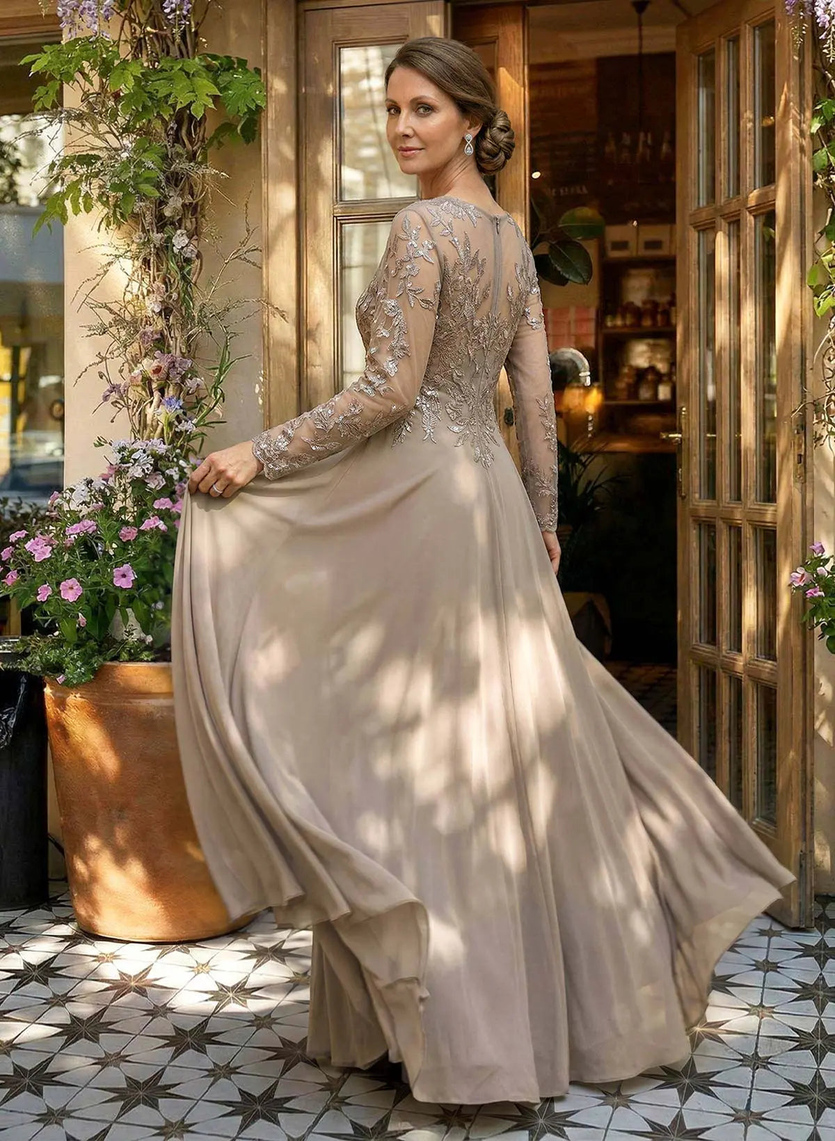 Elegant A-Line V-Neck Long Sleeve Taupe Lace & Chiffon Evening Gown Mother of the Bride Dress