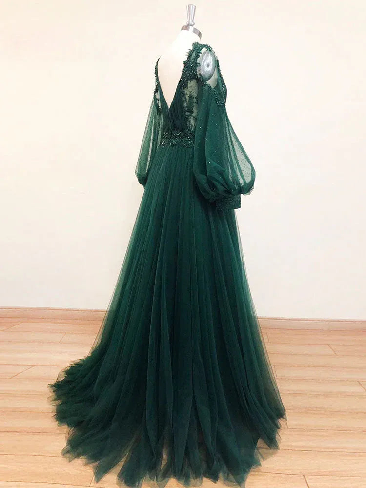 Elegant A-Line V Neck Long Sleeve Tulle Maxi Prom Dress