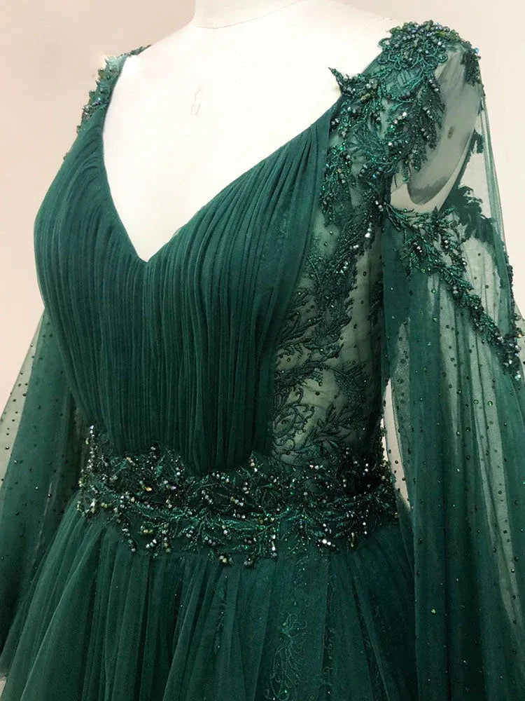 Elegant A-Line V Neck Long Sleeve Tulle Maxi Prom Dress