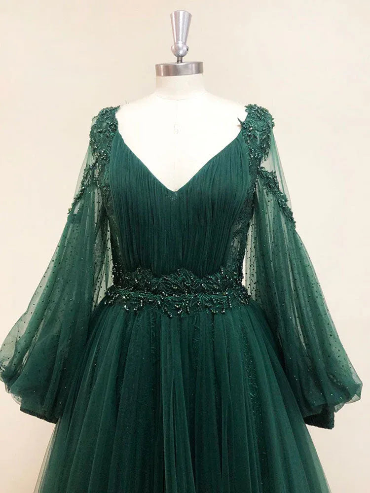 Elegant A-Line V Neck Long Sleeve Tulle Maxi Prom Dress
