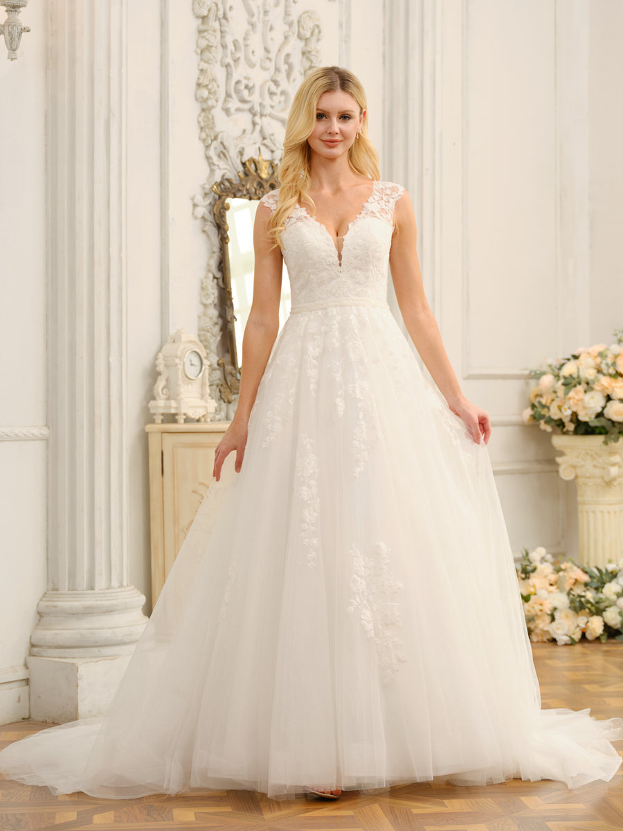 Weitese V-Neck long wedding dress with appliques and beading, front view.