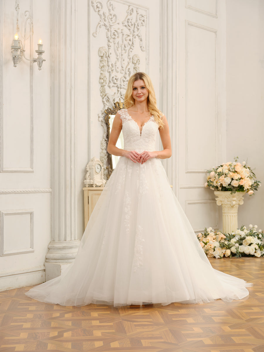 Back view of Weitese long wedding dress, highlighting beading details.