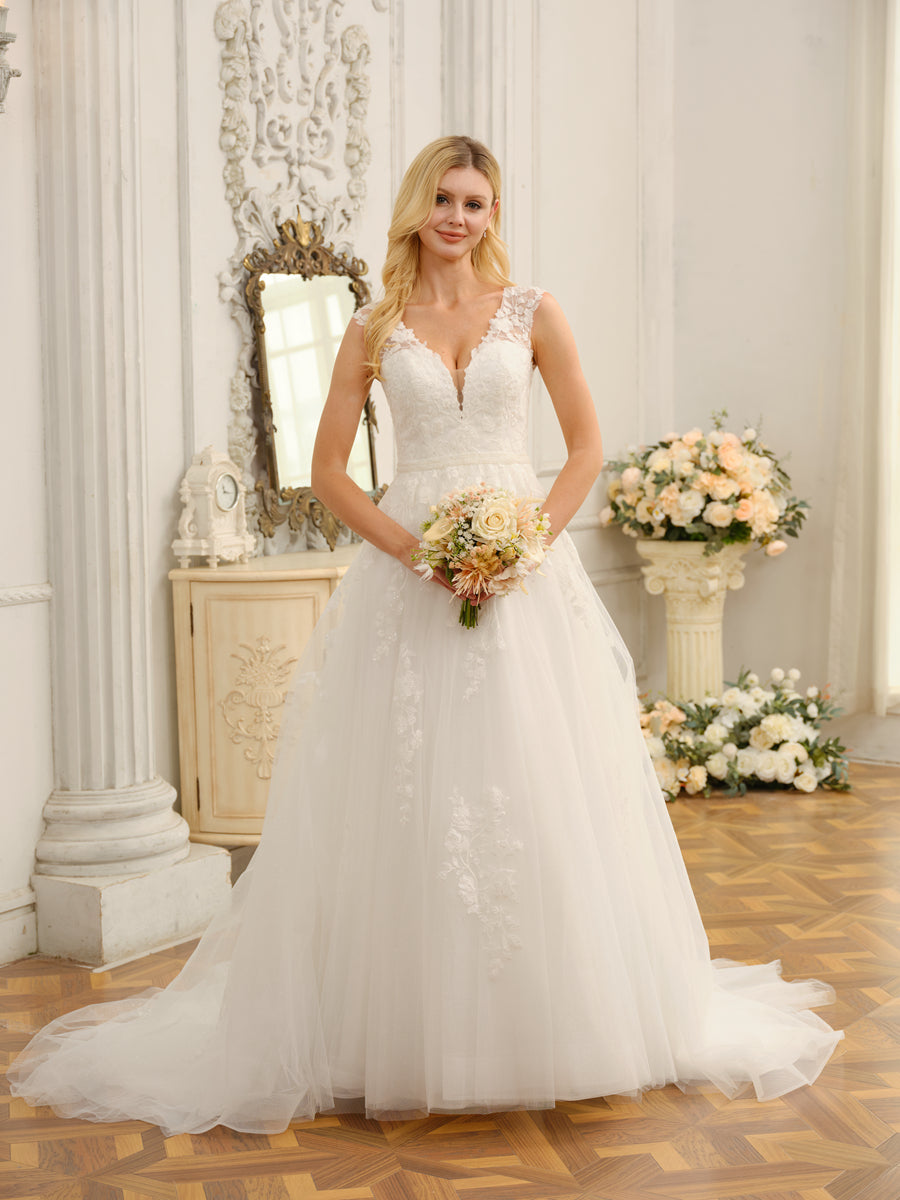 Close-up of appliques and beading on the Weitese wedding dress.