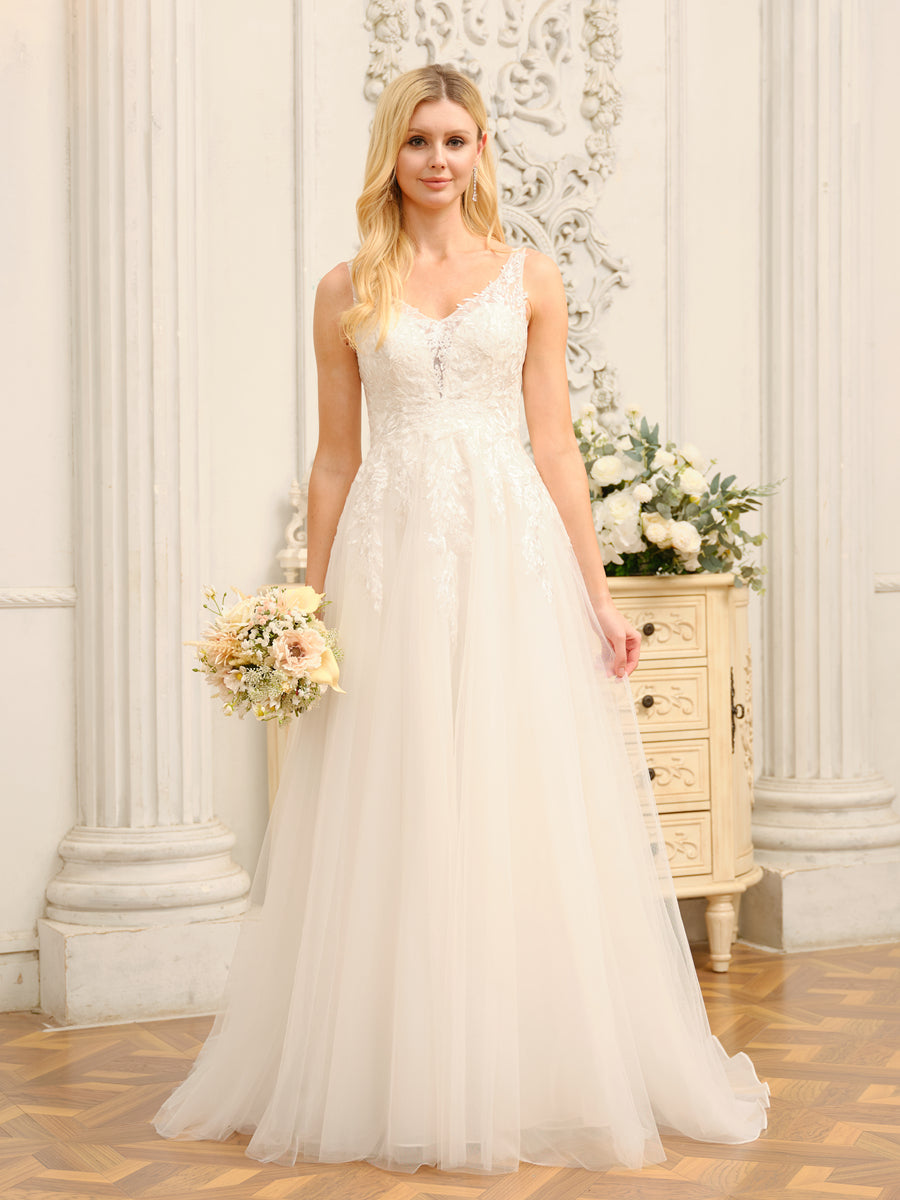 Model wearing Weitese A-Line V-Neck long wedding dress with appliques.
