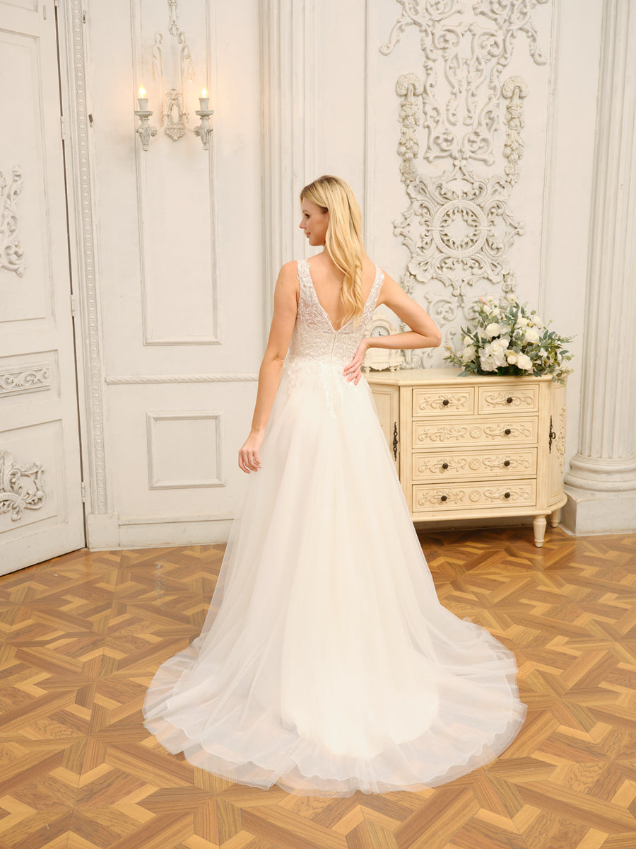 Side view of A-Line V-Neck wedding dress, showcasing appliques.