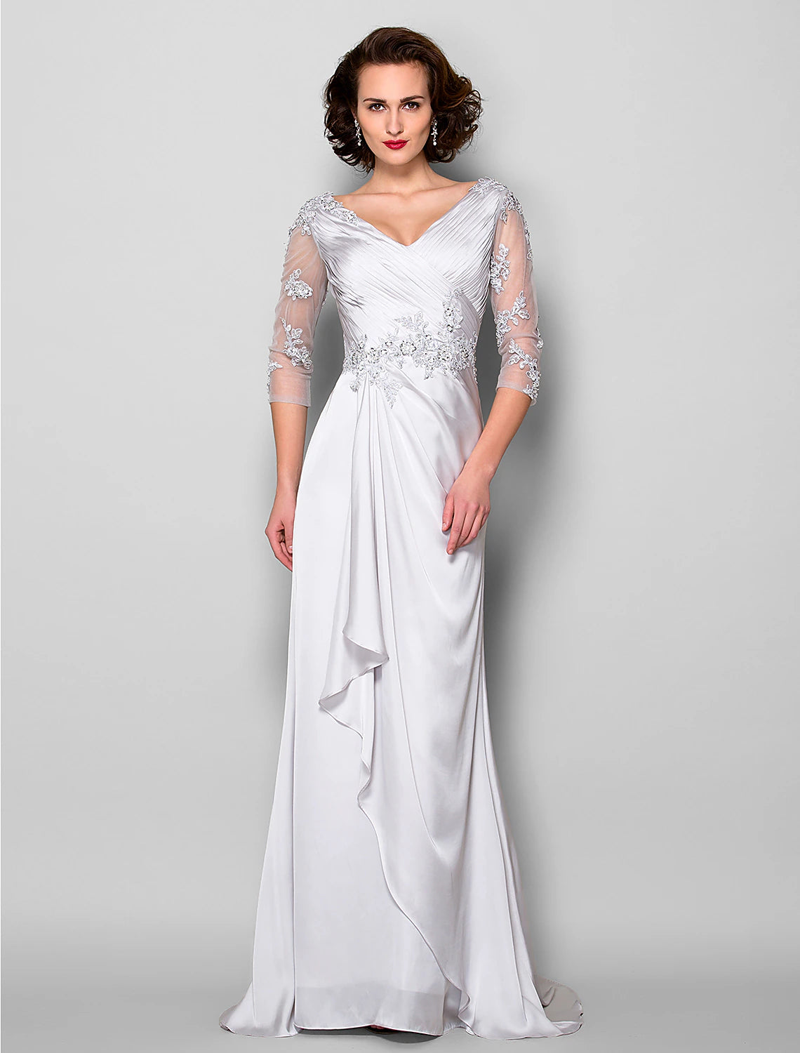Elegant A-line mother of the bride dress with V-neck and 3/4 sleeves, featuring beading.