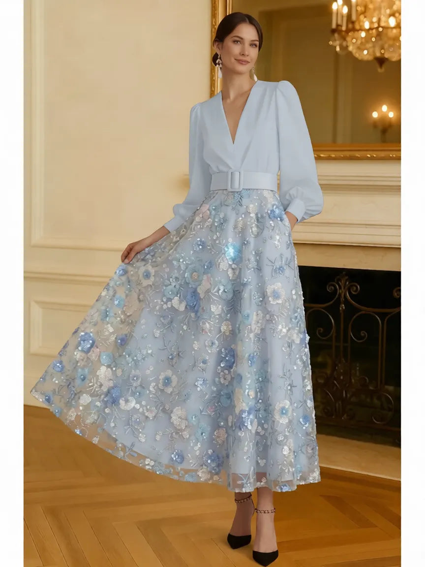 Elegant A-Line V Neck Puff Sleeve Sequin Midi Floral Dress