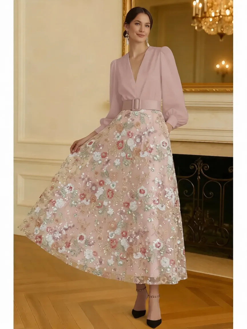 Elegant A-Line V Neck Puff Sleeve Sequin Midi Floral Dress