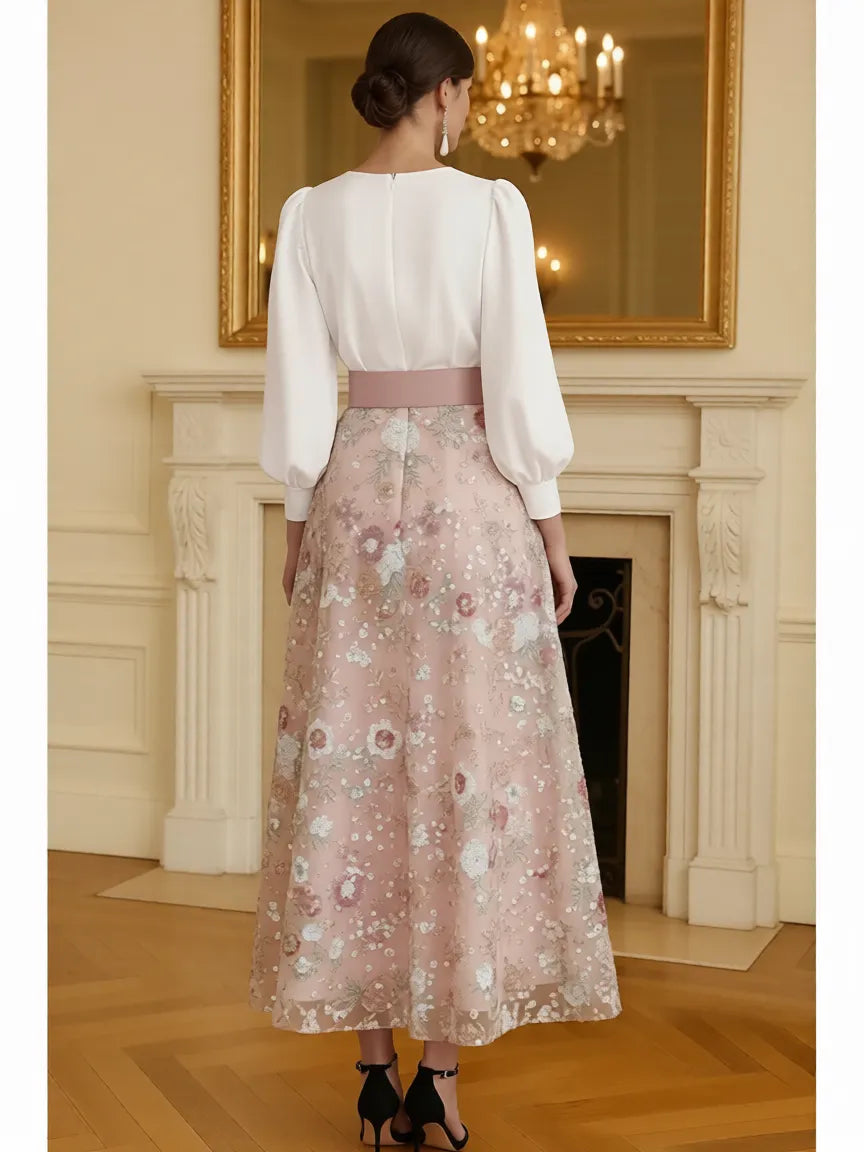 Elegant A-Line V Neck Puff Sleeve Sequin Midi Floral Dress