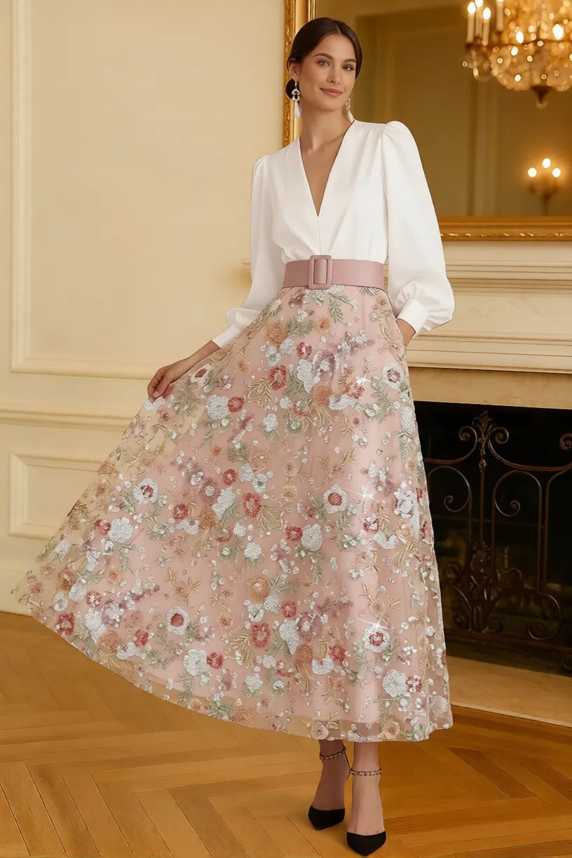 Elegant A-Line V Neck Puff Sleeve Sequin Midi Floral Dress