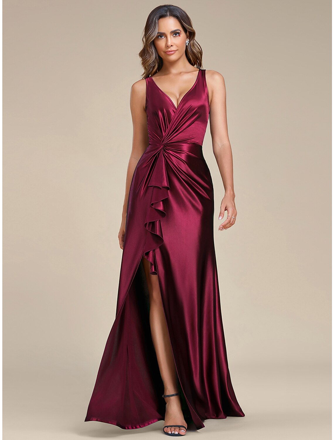 Weitese A-Line V-neck satin dress with ruched ruffles and slit, front view on model.