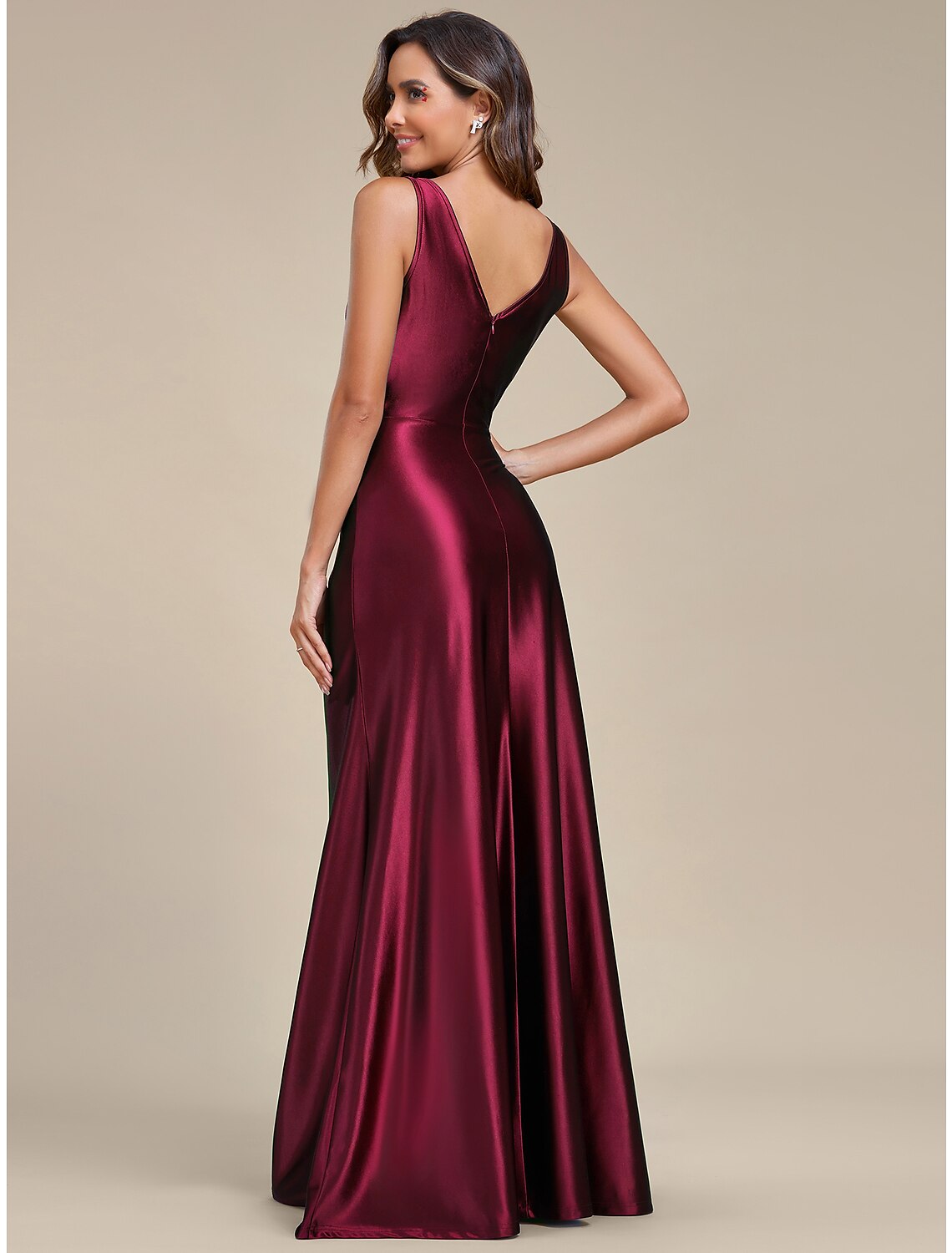 Weitese A-Line V-neck satin dress with ruched ruffles and slit, side view on model.