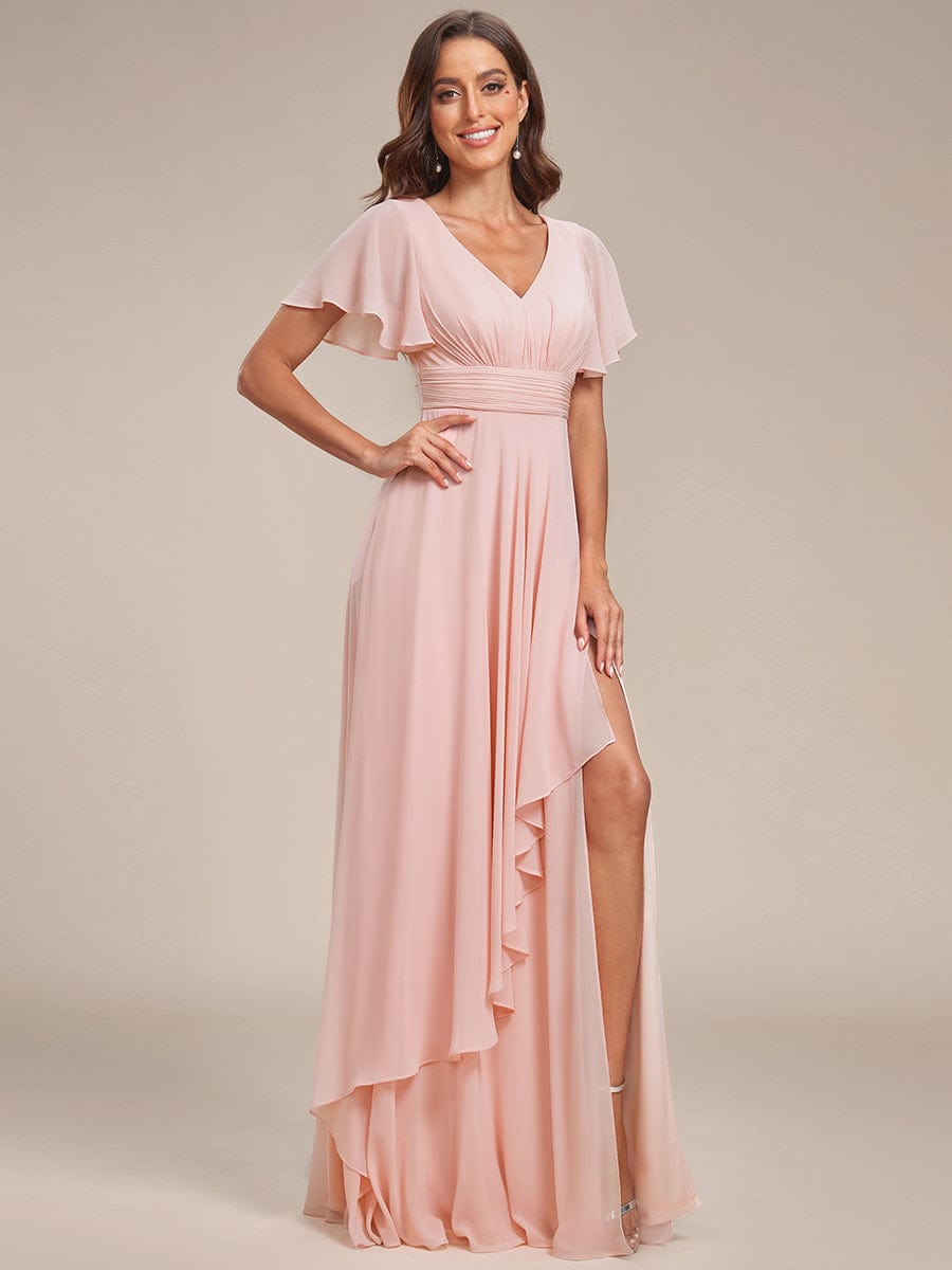 Pink Weitese ruffle sleeve chiffon evening dress with high slit.