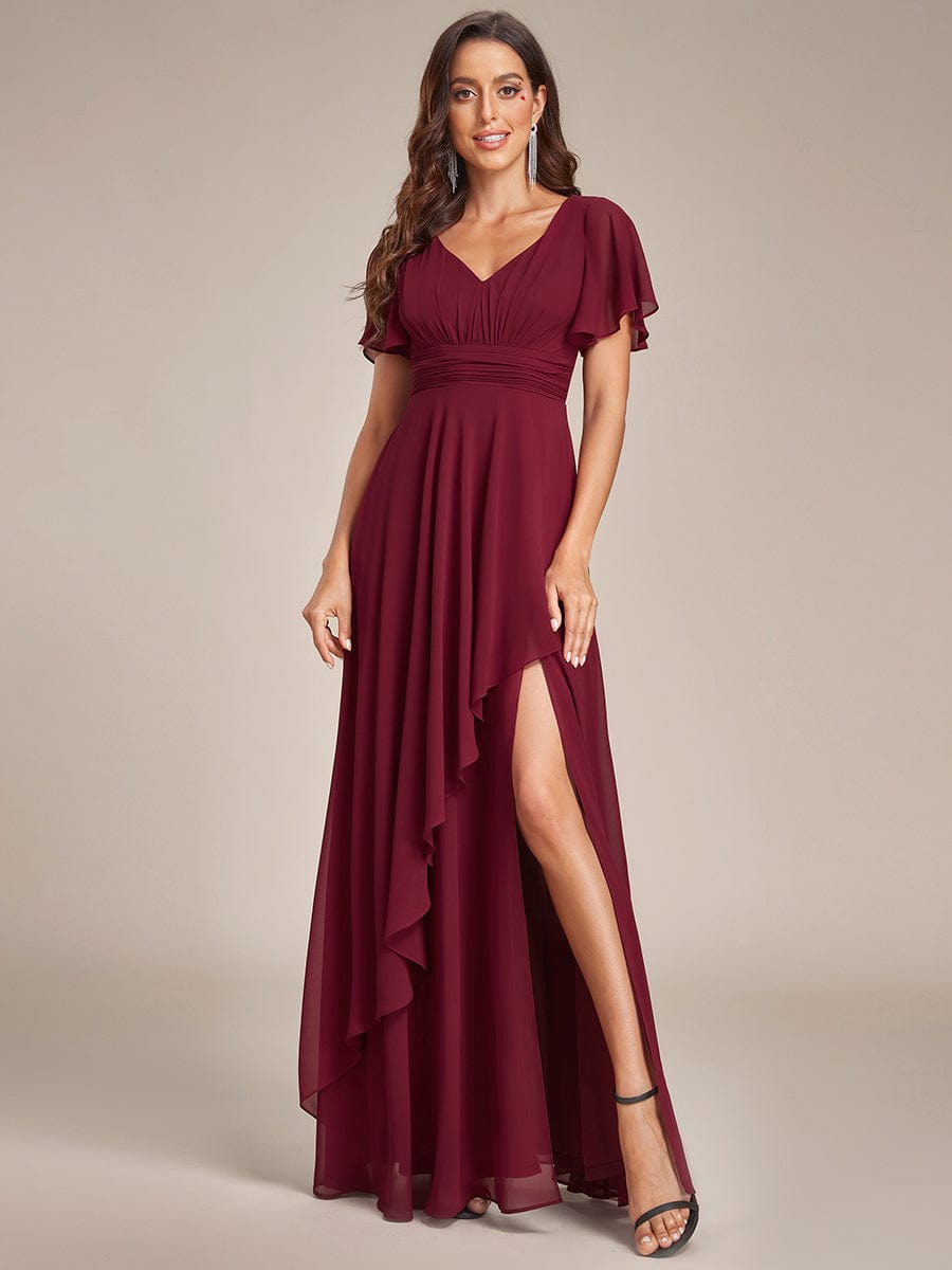 Blue Weitese ruffle sleeve chiffon evening dress with high slit.