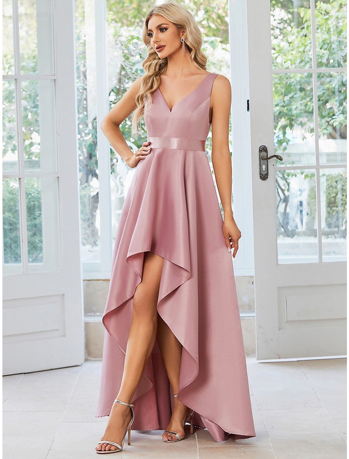 Back view of the A-line V-neck satin dress with delicate ruffles.