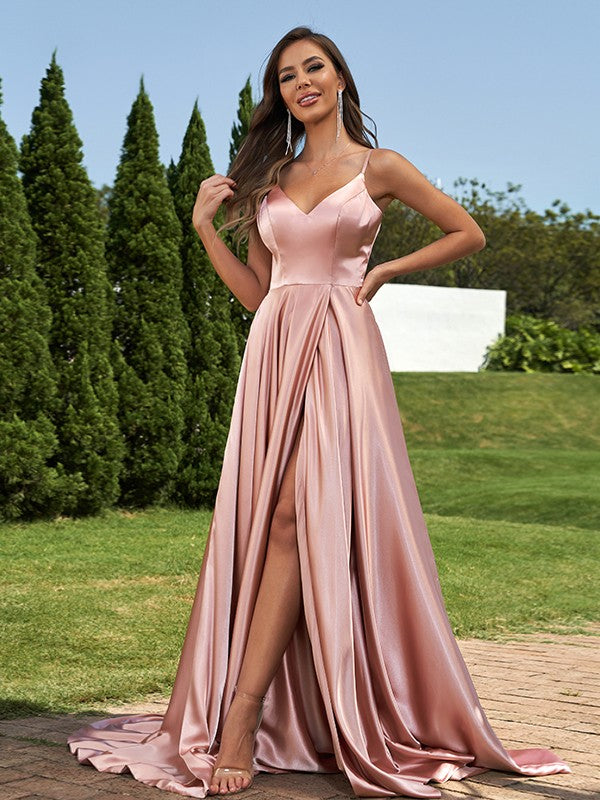 A-Line V-neck ruffled bridesmaid dress in light pink satin.