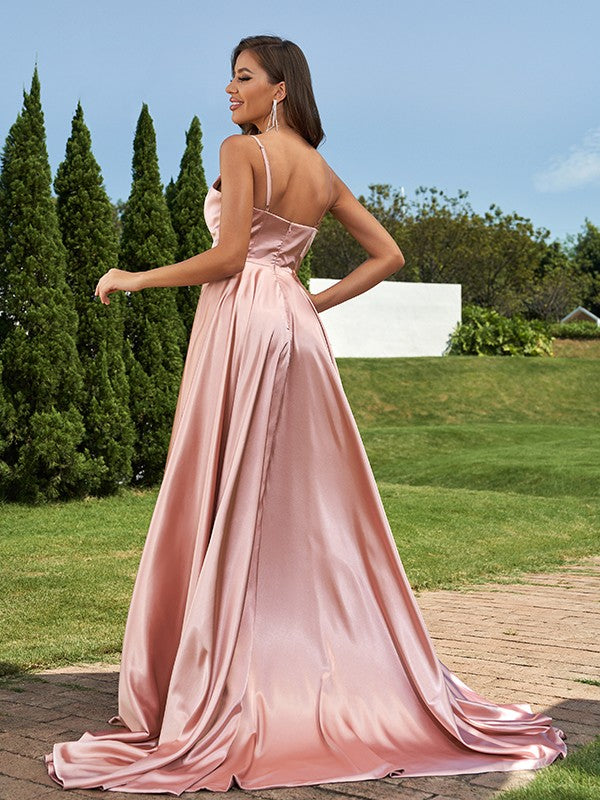 Back view of a sleeveless A-line satin dress with sweep train.
