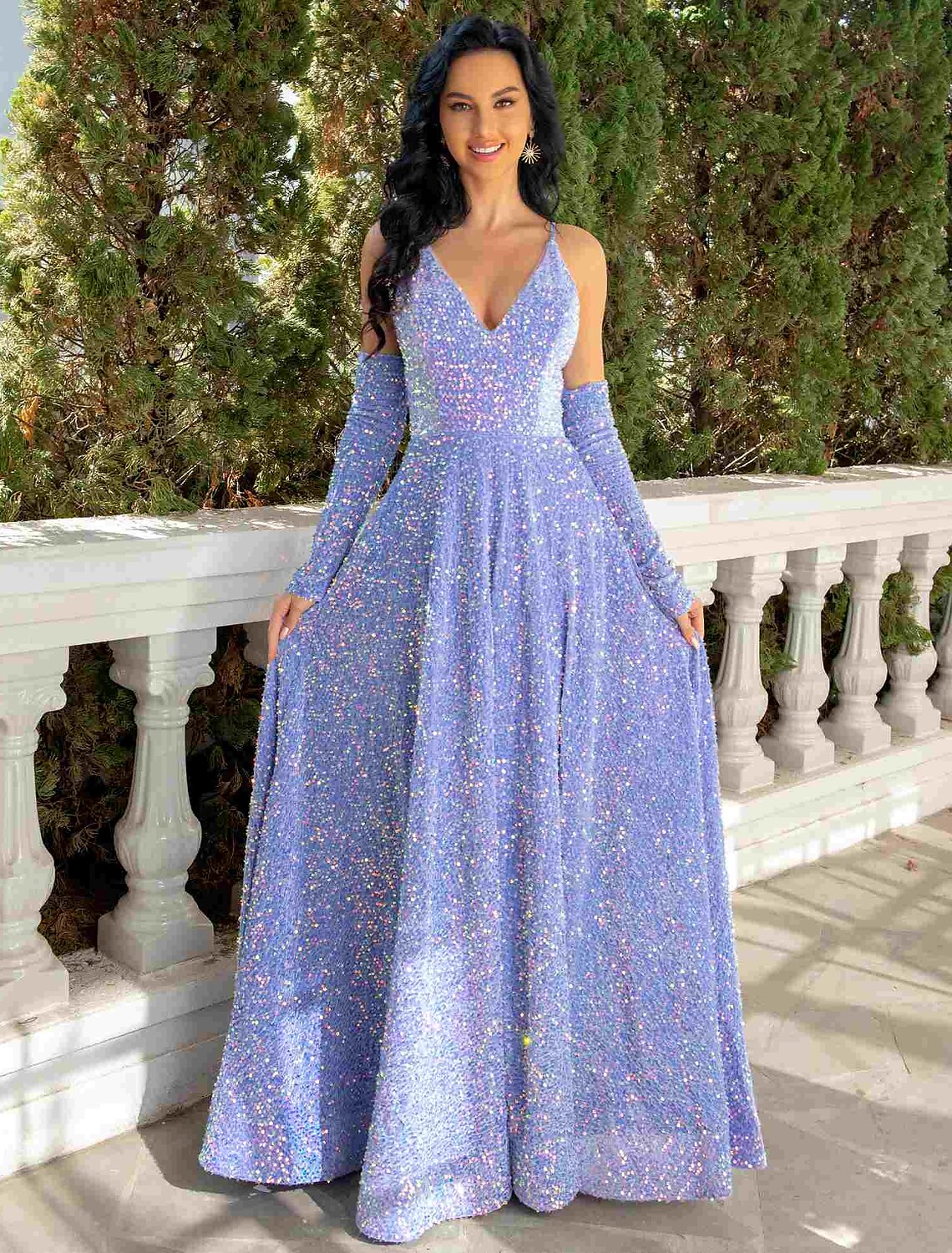 Elegant A-line sequined V-neck prom dress, front view.