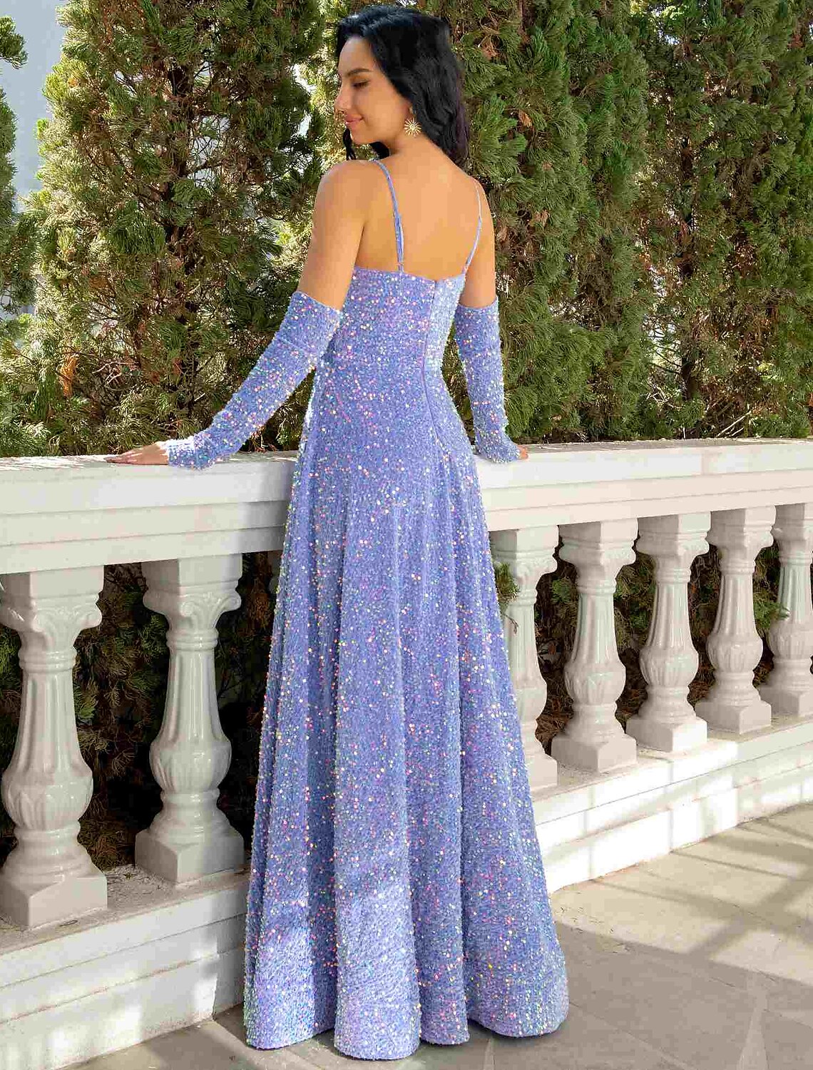 A-line sequined V-neck formal dress, side profile.