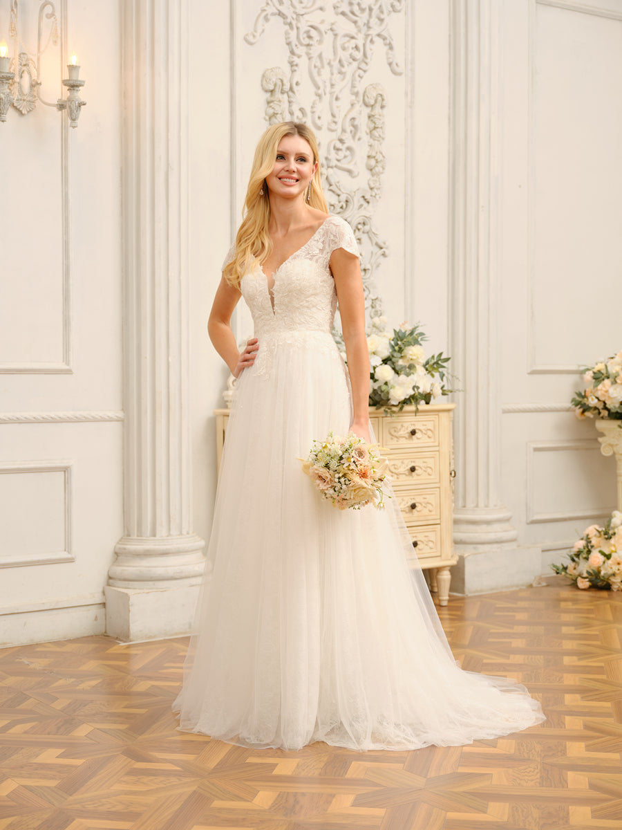 Full length view of the Weitese wedding dress, front angle.