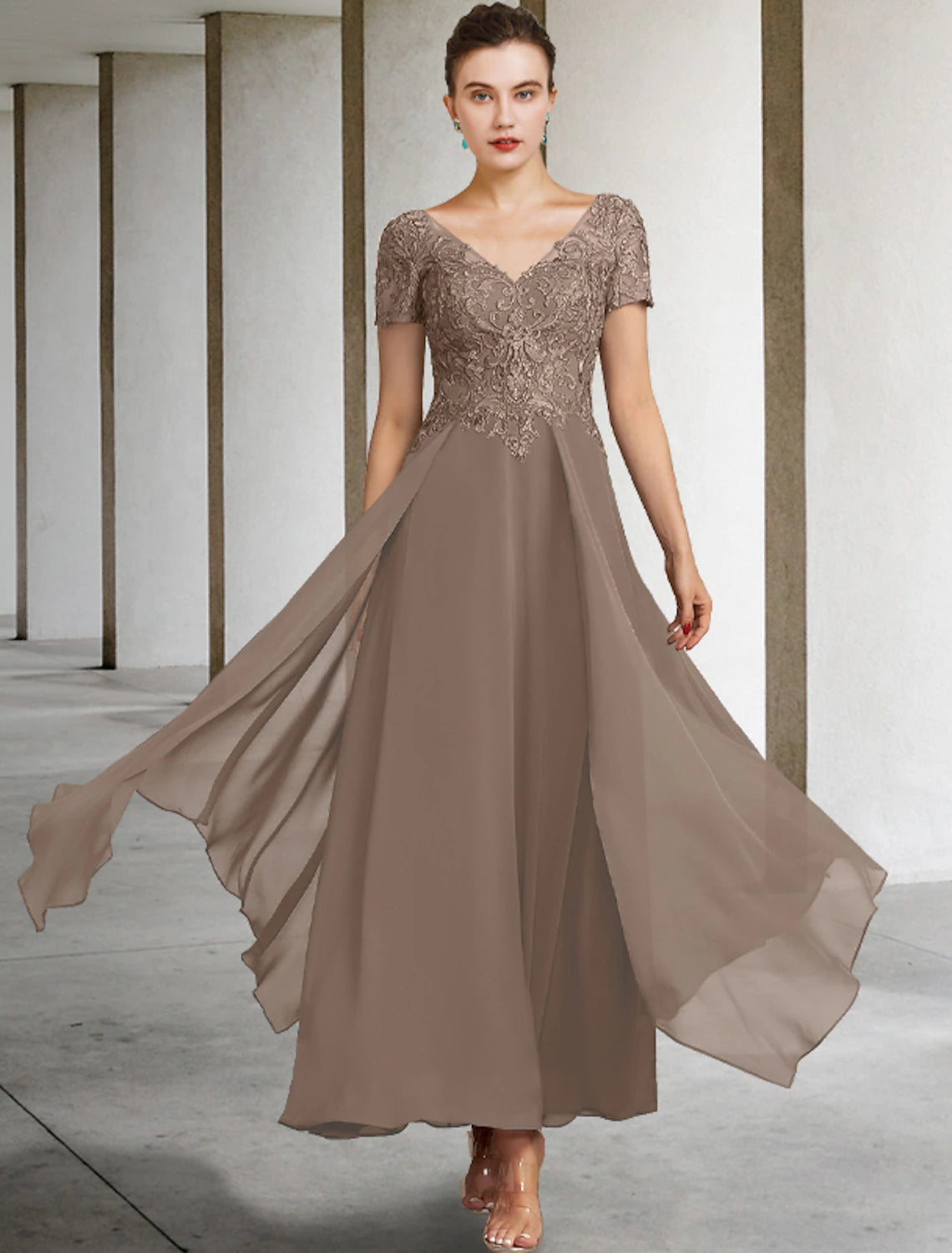 Elegant A-Line Mother of the Bride dress with V-neck, short sleeves, and lace appliques, front view.