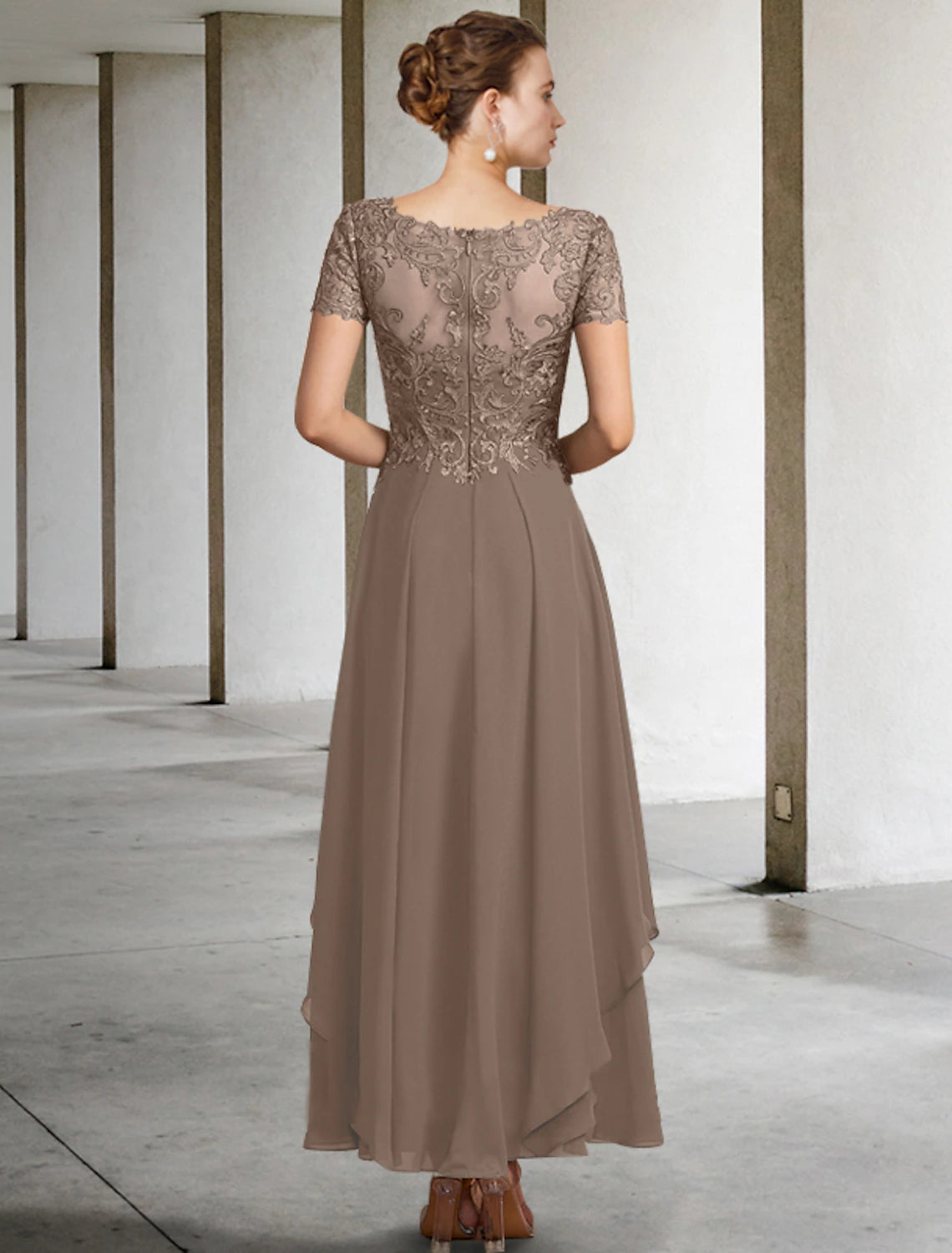 Back view of the A-Line Mother of the Bride dress, showing delicate lace details.